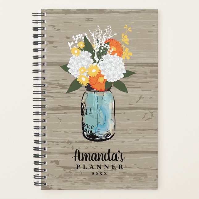 Rustikales Barholz Orange Gerber Daisy Mason Jar Planer (Vorderseite)