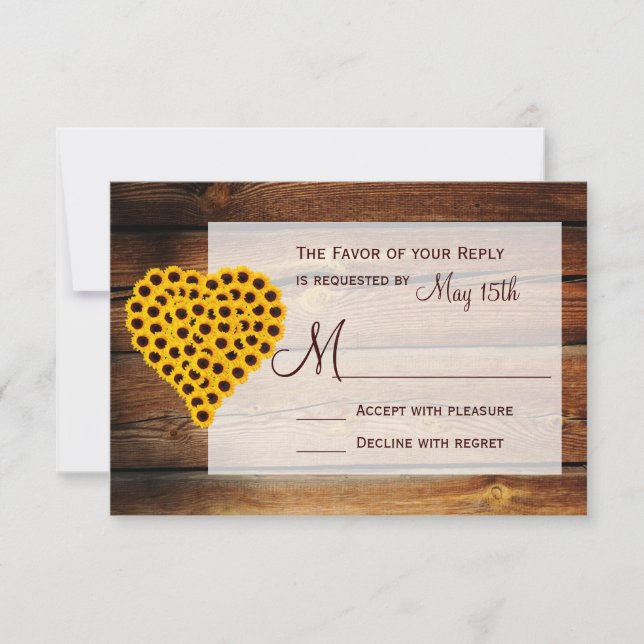 Rustikales Barholz Sonnenblumen Herz Bouquet Weddi RSVP Karte (Vorderseite)