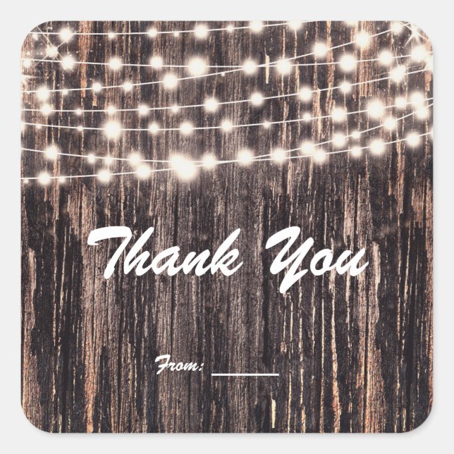Rustikales Bark Wood & String Lights Fall Gefallen Quadratischer Aufkleber (Vorderseite)