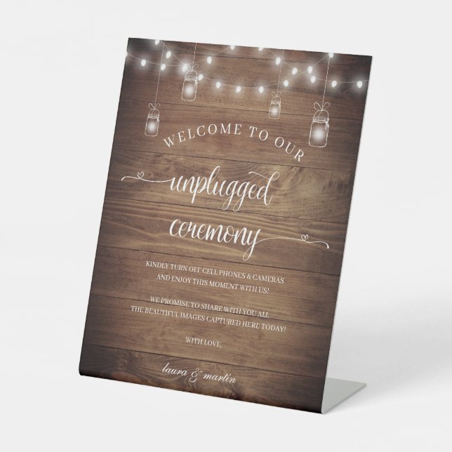 Rustikales Barn Wood Heart Skript Unplugged Zeremo Sockelschild (Vorderseite)