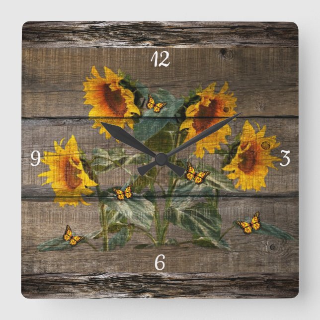 Rustikales Barnboard Sonnenblumen Schmetterlinge Quadratische Wanduhr (Vorderseite)