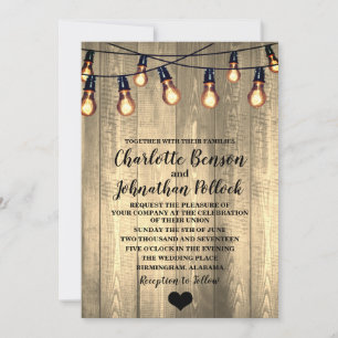 Rustikales Barnholz & Edison Bulbs Wedding Einladung