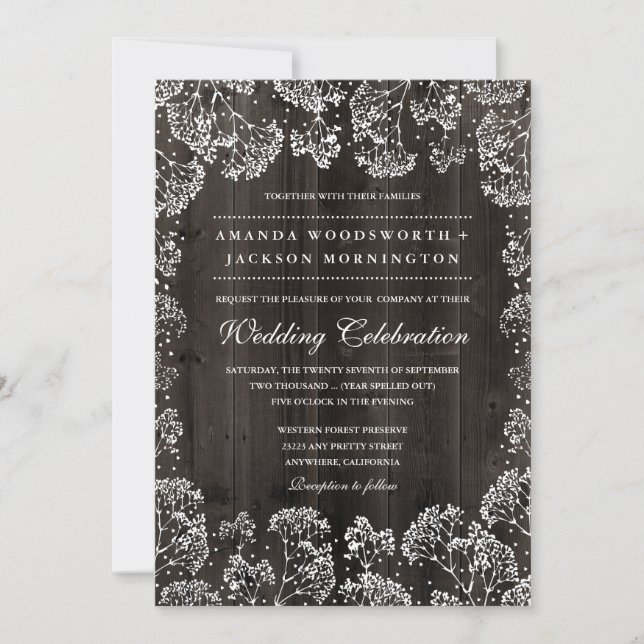 Rustikales Barnholz-Gipskraut Hochzeitseinladungen Einladung (Vorderseite)