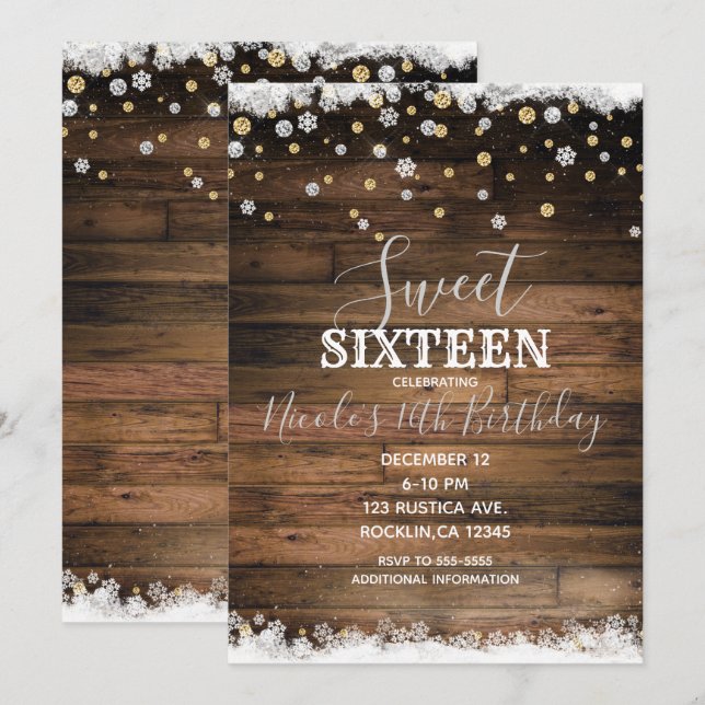 Rustikales Barnholz Gold Silber Winter Sweet 16 Pa Einladung (Vorne/Hinten)
