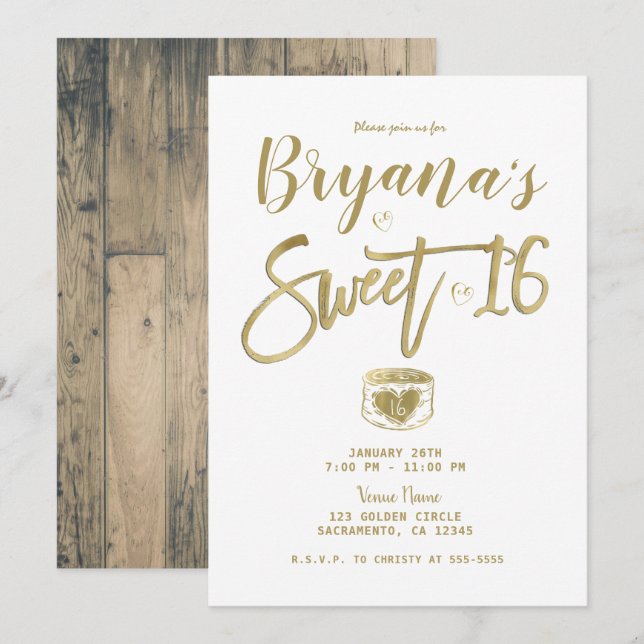 Rustikales Barnholz Gold & White Chic Sweet 16 Par Einladung (Vorne/Hinten)