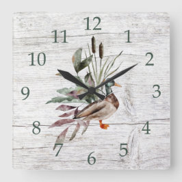 Rustikales Barnholz Mallard Duck Cattails Grüne Quadratische Wanduhr