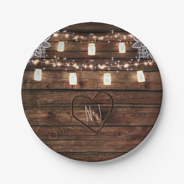 Rustikales Barnholz & Mason Jars Wedding Party Pappteller (Vorderseite)