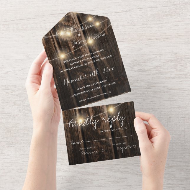 Rustikales Barnholz mit Streichellichter Hochzeit All In One Einladung (Abreißtisch)
