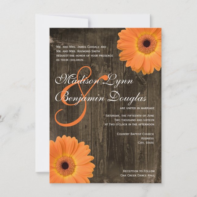 Rustikales Barnholz Orange Daisy Hochzeitseinladun Einladung (Vorderseite)