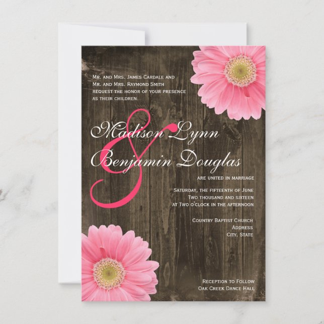 Rustikales Barnholz Rosa Daisy Hochzeitseinladunge Einladung (Vorderseite)