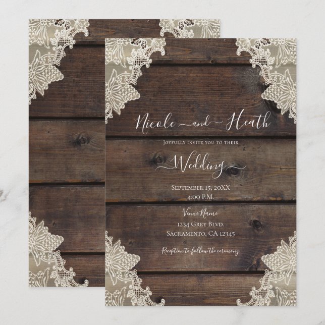 Rustikales Barnholz & Spitzen Romantische Hochzeit Einladung (Vorne/Hinten)