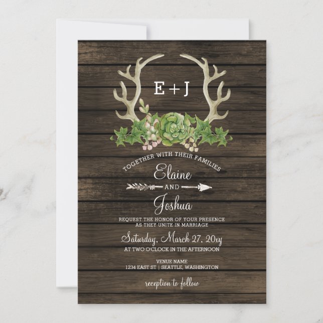 Rustikales Barnholz-Sukkulent Antlers Wedding Einladung (Vorderseite)