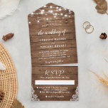 Rustikales Barnholz Twinkle Lights Hochzeit All In One Einladung<br><div class="desc">Diese Einladung besticht durch einen schönen Holzboden mit Lichtern aus Strohsonnenmauer und schafft eine romantische und gemütliche Atmosphäre. Das All-in-One-Format enthält wichtige Hochzeitsdetails und eine abnehmbare RSVP-Karte für einfache Gastantworten. Das Design-Tool von Zazzle passt sich dieser Einladung an, um Ihre eigene Touch zu schaffen und ein einzigartiges Design zu schaffen,...</div>