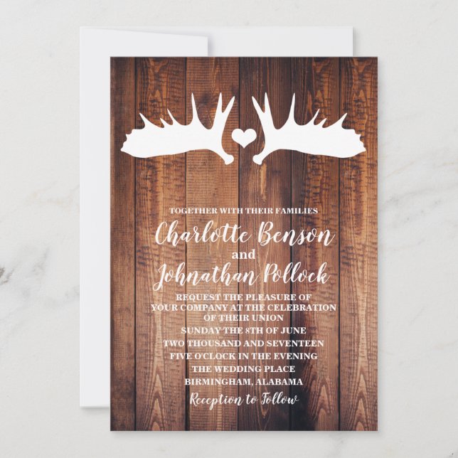 Rustikales Barnholz und weiße Elsenantler Hochzeit Einladung (Vorderseite)