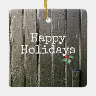 Rustikales Barntor Happy Holidays Holly Pet Foto Keramikornament