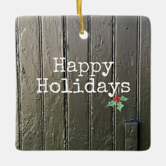 Rustikales Barntor Happy Holidays Holly Pet Foto Keramikornament (Vorderseite)