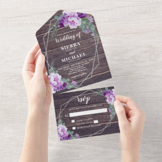 Rustikales Barnwood Bläsersilber & Lila Hochzeit All In One Einladung