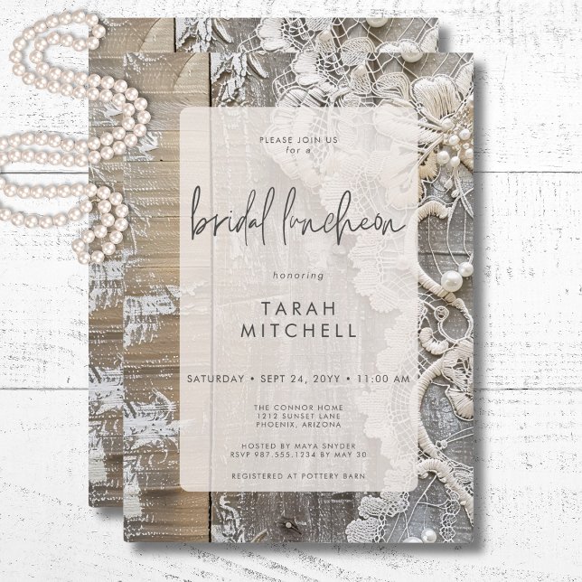 Rustikales Barnwood & Bridal Lace Bridal Luncheon Einladung (Rustic Barnwood & Bridal Lace Bridal Luncheon Invitation)
