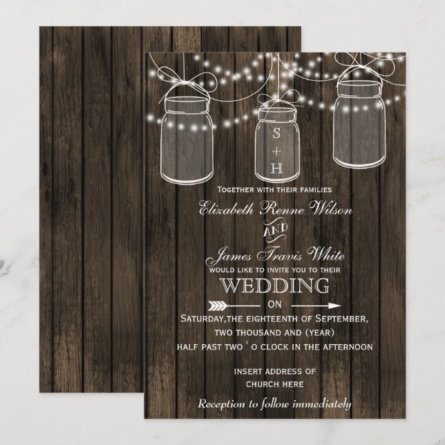 Rustikales Barnwood, Masson Jar Hochzeitseinladung Einladung (Vorne/Hinten)