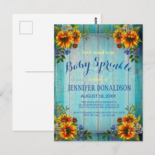Rustikales Barnwood Sonnenblume Baby Einladung Postkarte (Vorne/Hinten)