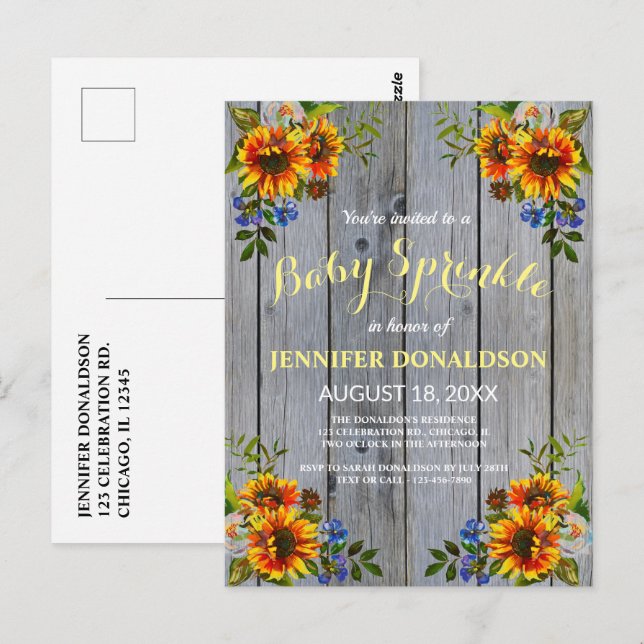 Rustikales Barnwood Sonnenblume Baby Einladung Postkarte (Vorne/Hinten)