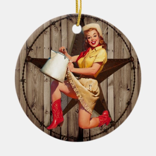 rustikales BarnWood texas Star Western Country Cow Keramikornament (Vorne)