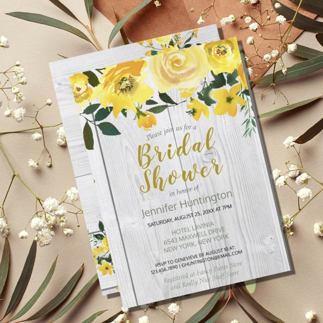 Rustikales Barnwood Yellow Floral Brautparty Einladung (Rustic Barnwood Yellow Floral Bridal Shower Invitation
)