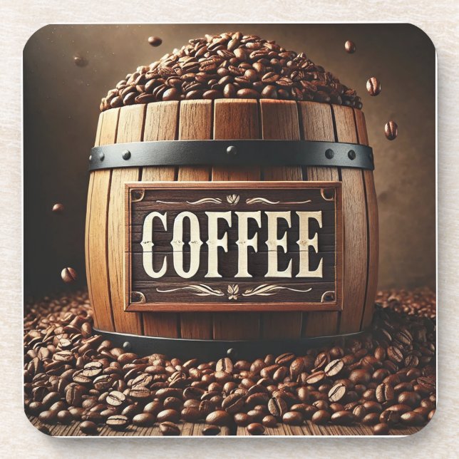 Rustikales Barrel Kaffeebohnen mit künstlerischem  Getränkeuntersetzer (Vorderseite)