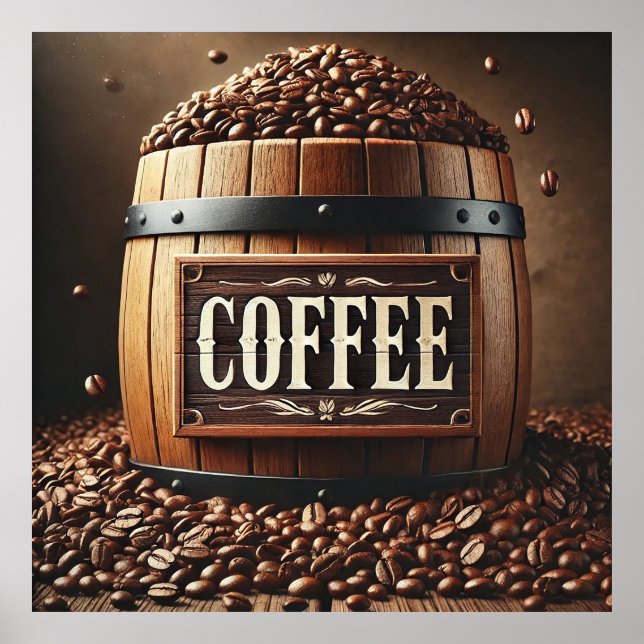 Rustikales Barrel Kaffeebohnen mit künstlerischem  Poster (Vorne)