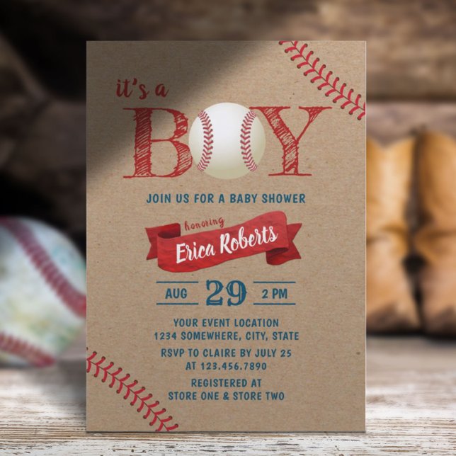 Rustikales Baseball Boy Sports Theme Kraft Baby Du Einladung (Von Creator hochgeladen)