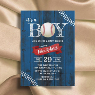Rustikales Baseball Sportschiff Navy Wood Boy Baby Einladung