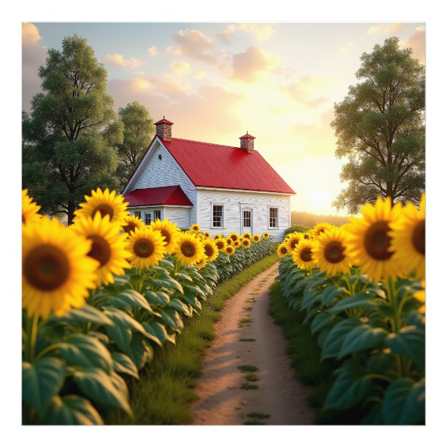 Rustikales Bauernhaus bei Sonnenaufgang Fotodruck (Vorne)