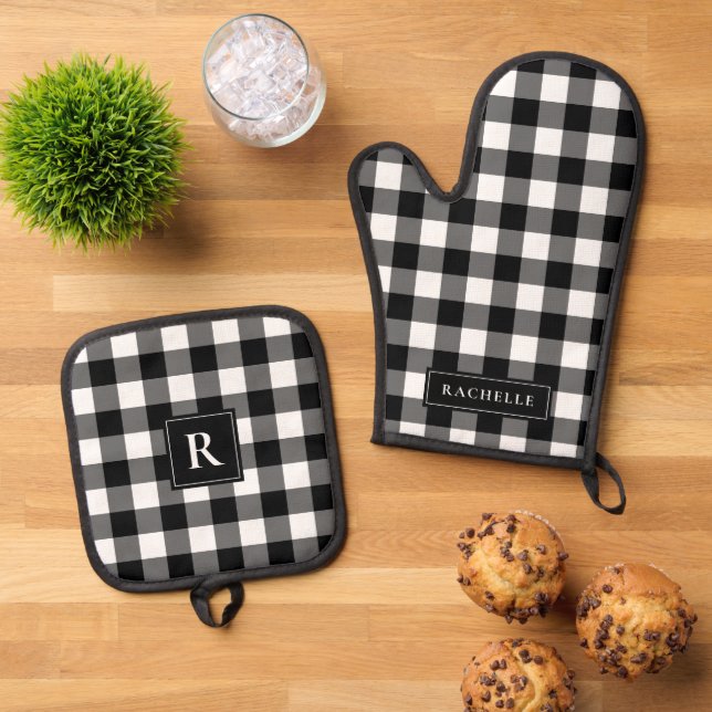 Rustikales Bauernhaus Black and White Gingham Ofenhandschuh & Topflappen-Set (Oben Unten)
