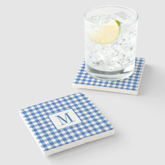Rustikales Bauernhaus Blau und Weiß Gingham Monogr Steinuntersetzer
