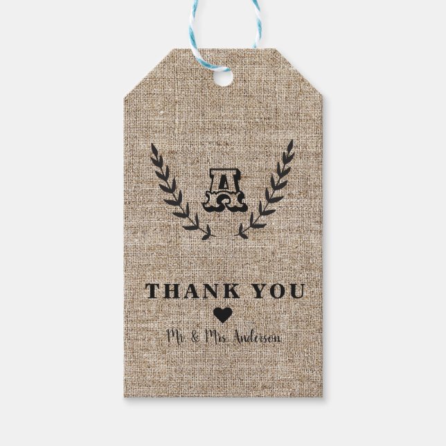 Rustikales Bauernhaus Burlap & Black Botanic Laure Geschenkanhänger (Vorderseite)