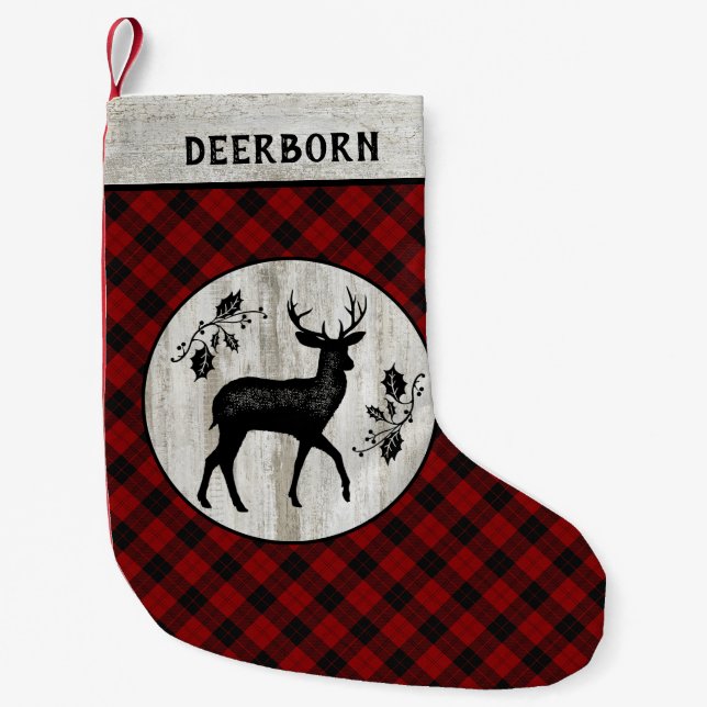 Rustikales Bauernhaus Deer Red Buffalo Karierter N Kleiner Weihnachtsstrumpf (Vorderseite)