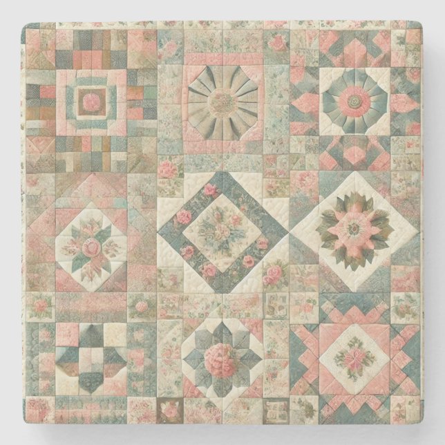 Rustikales Bauernhaus Grüne Patchwork-Wildblume Steinuntersetzer (Vorderseite)