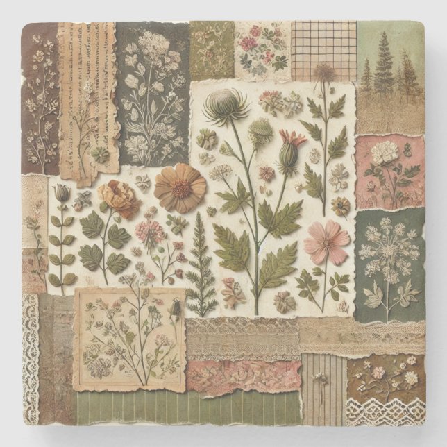 Rustikales Bauernhaus Grüne Patchwork-Wildblume Steinuntersetzer (Vorderseite)
