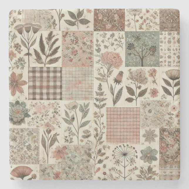 Rustikales Bauernhaus Grüne Patchwork-Wildblume Steinuntersetzer (Vorderseite)