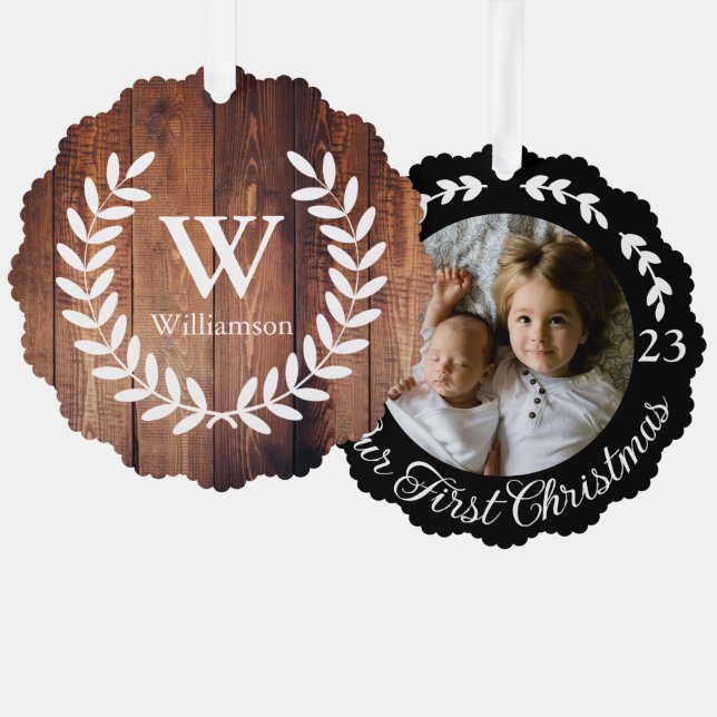 Rustikales Bauernhaus Laurels & Barnholz Print Fot Ornament Karte (Vorderseite/Rückseite)