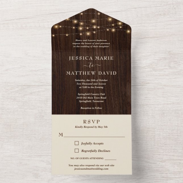 Rustikales Bauernhaus-Lichter Hochzeit All In One Einladung (Innen Boden)
