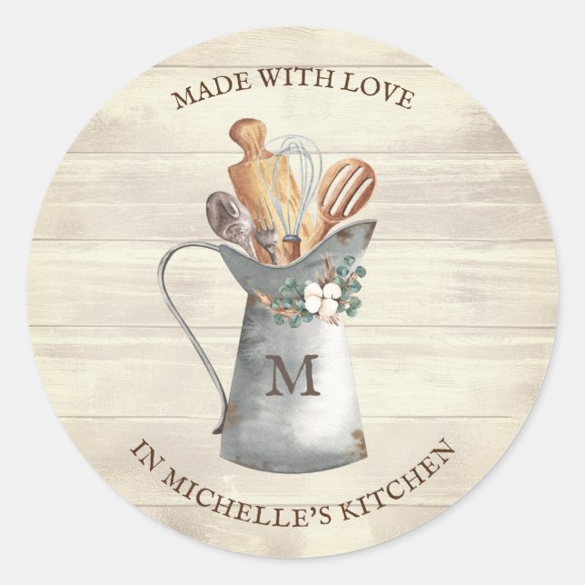 Rustikales Bauernhaus Monogram Floral Kitchen Runder Aufkleber (Vorderseite)