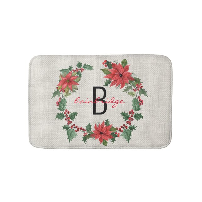 Rustikales Bauernhaus Poinsettia Kranz Name Weihna Badematte (Vorderseite)