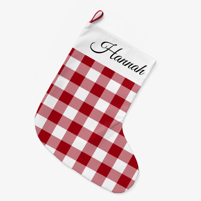 Rustikales Bauernhaus Red Checked Frohe Weihnachte Großer Weihnachtsstrumpf (Vorderansicht (hängend))