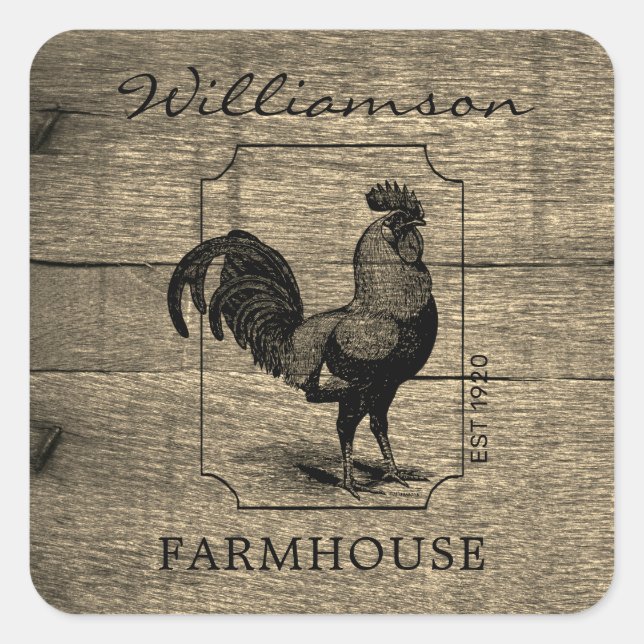Rustikales Bauernhaus Rooster Barnholz Familiennam Quadratischer Aufkleber (Vorderseite)