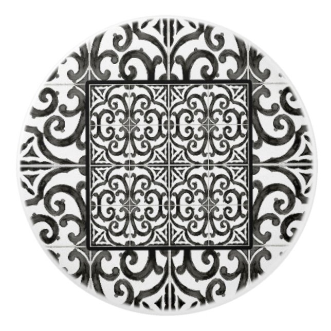 Rustikales Bauernhaus Schwarz-Weiß-Skulptur Tile Keramikknauf (Vorderseite)
