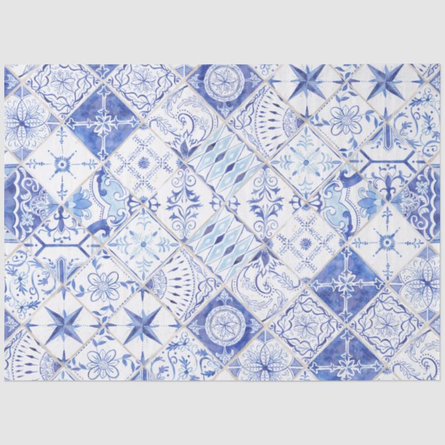 Rustikales Bauernhaus Tile Blau Weiß Muster Decoup Seidenpapier (Vorderseite)