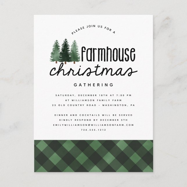 Rustikales Bauernhaus Weihnachten Karierte Party E Postkarte (Vorderseite)