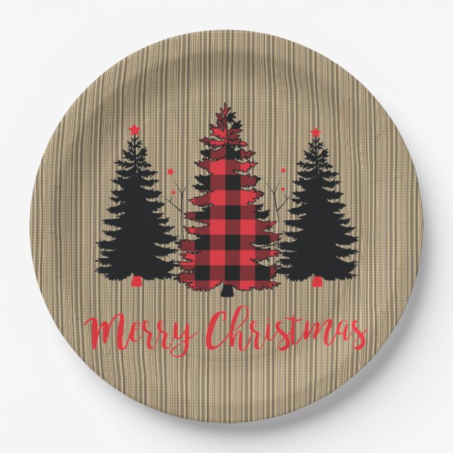 Rustikales Bauernhaus Weihnachtsbaum Trio Pappteller (Vorderseite)