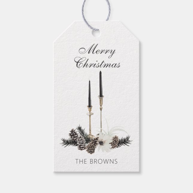 Rustikales Bauernhaus Weihnachtskerzen & Pinecones Geschenkanhänger (Vorderseite)